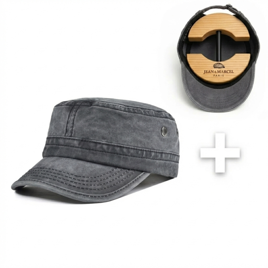 Casquette Vintage à Couronne Haute + Support de Casquette Ajustable en Bois