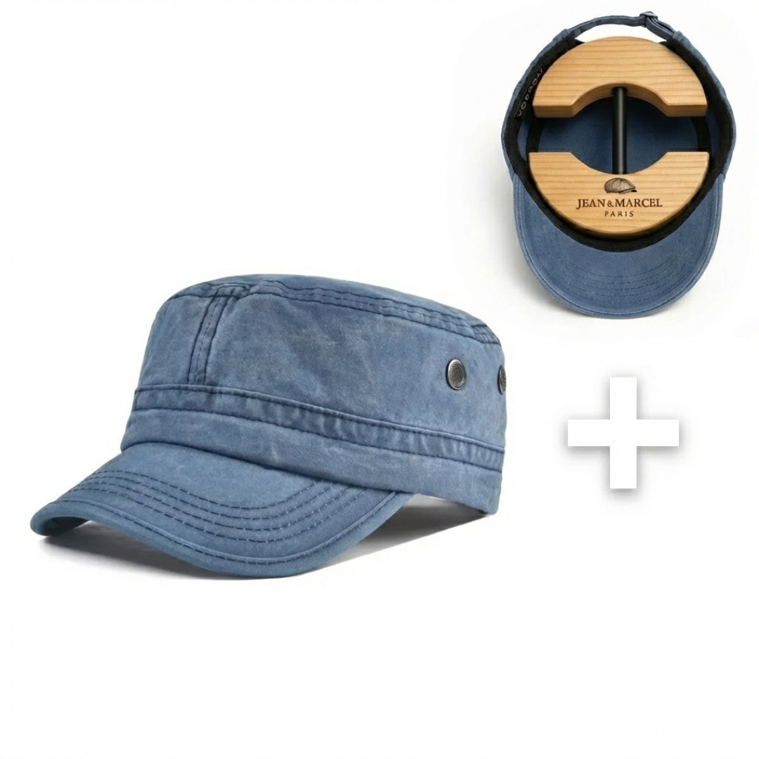 Casquette Vintage à Couronne Haute + Support de Casquette Ajustable en Bois