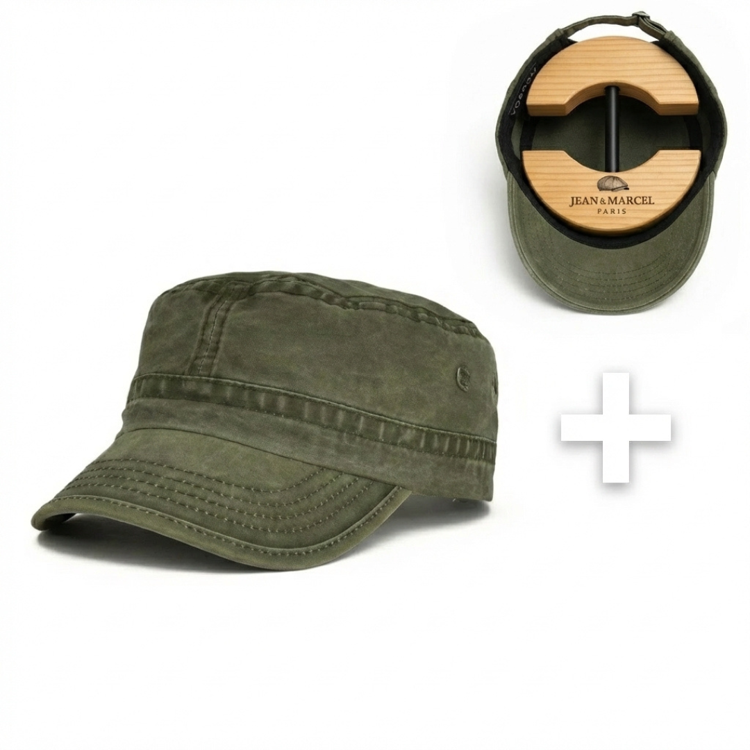 Casquette Vintage à Couronne Haute + Support de Casquette Ajustable en Bois