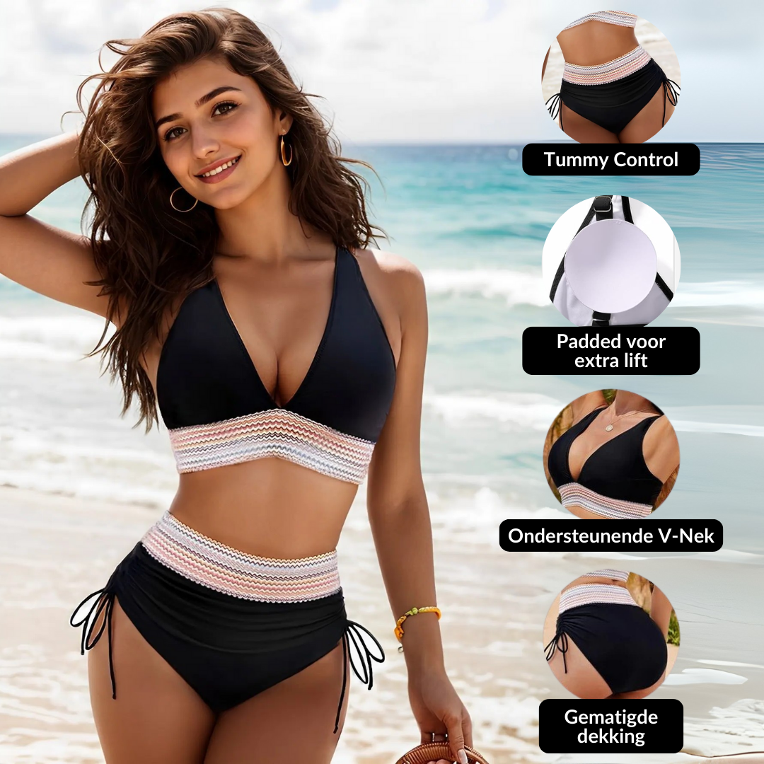Bikini Taille Haute avec Bordure Rayée