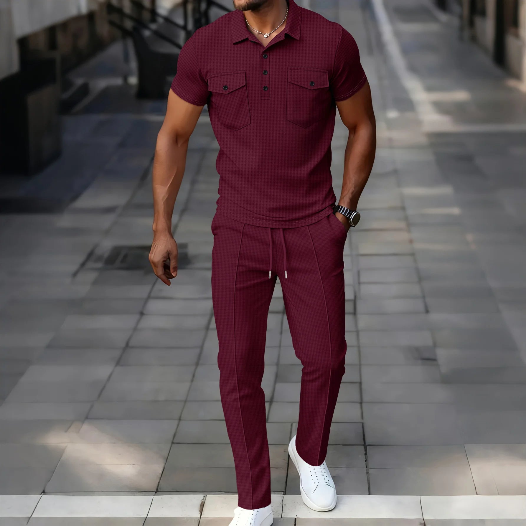 Laurent™ | Ensemble Polo Waffle Léger et Pantalon Assorti