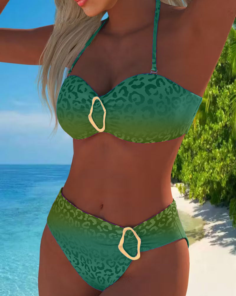 Maillot de Bain à Col Halter avec Imprimé Léopard et Dégradé