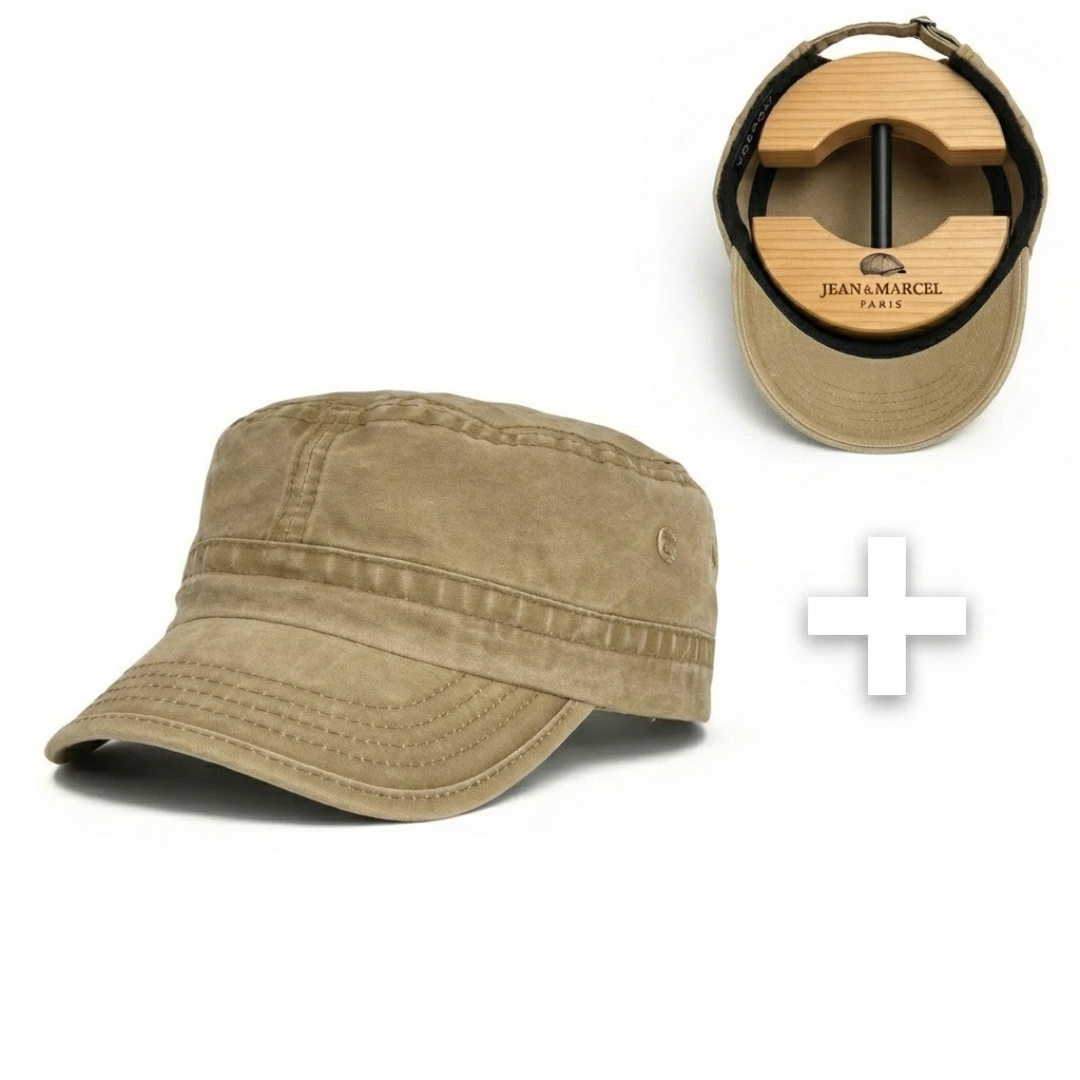 Casquette Vintage à Couronne Haute + Support de Casquette Ajustable en Bois