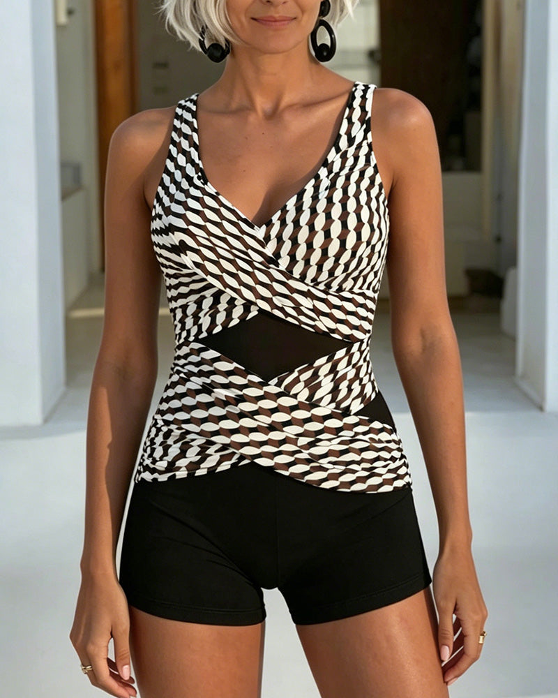 Maillot De Bain Une Pièce Imprimé Géométrique Design Croisé