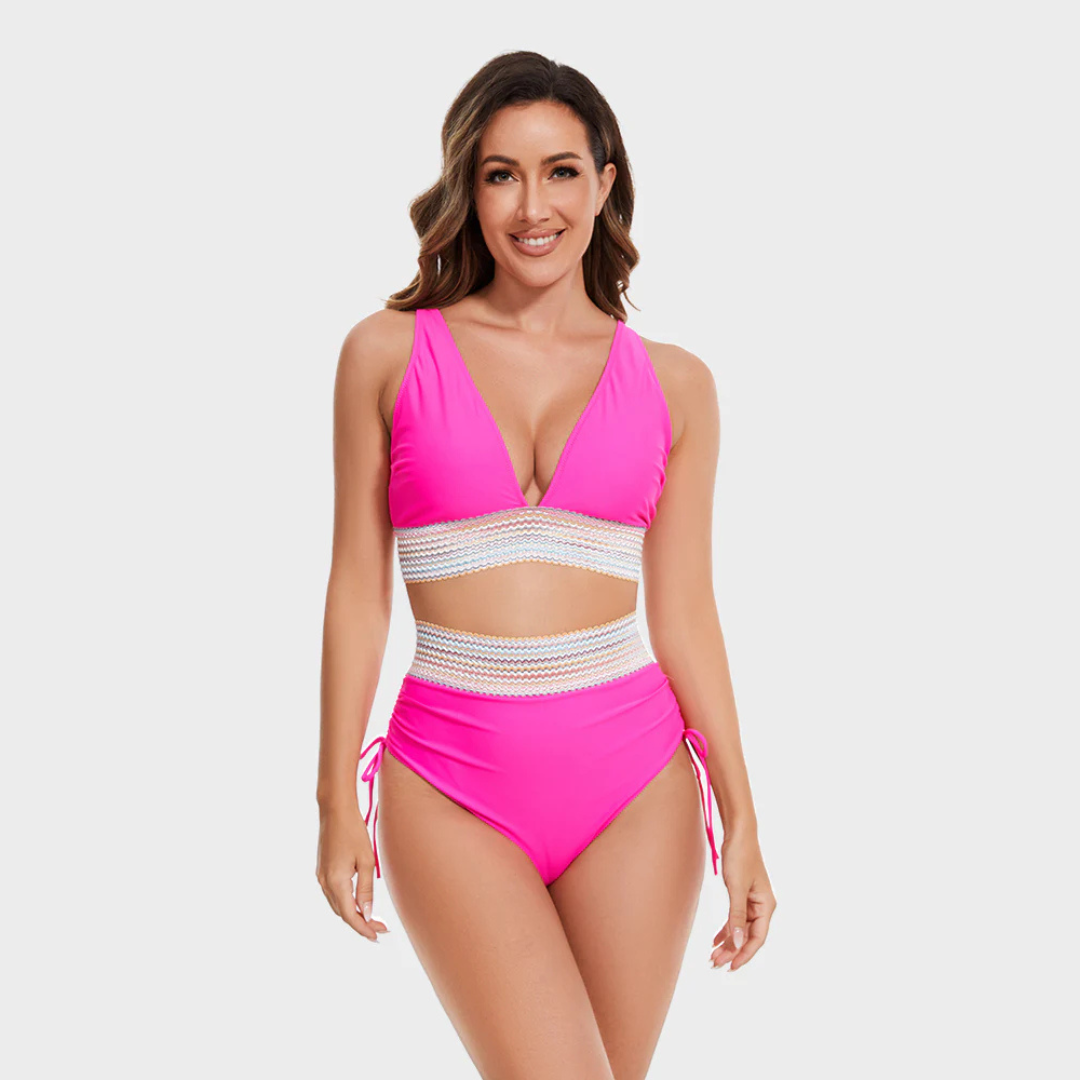 Bikini Taille Haute avec Bordure Rayée