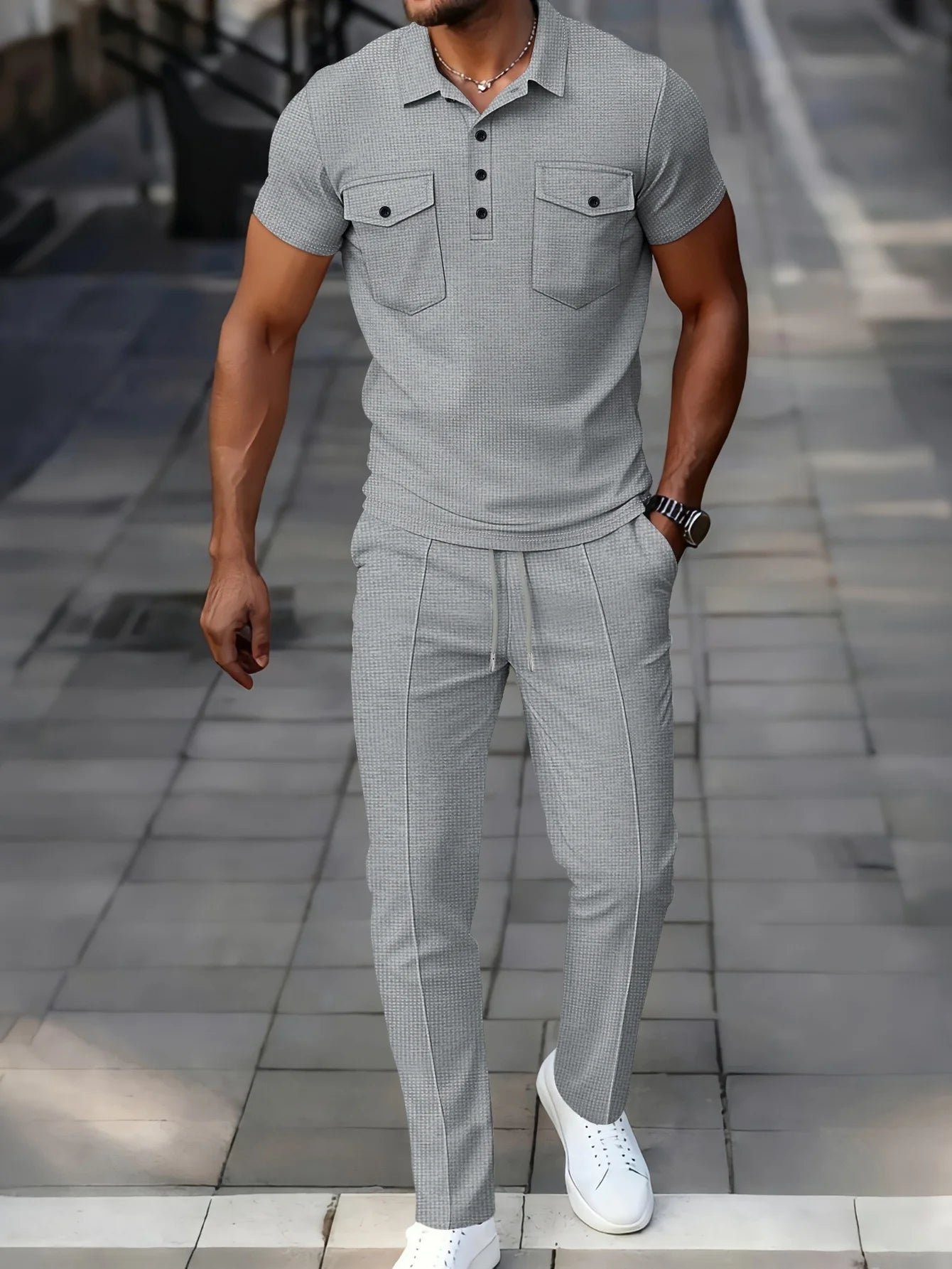Laurent™ | Ensemble Polo Waffle Léger et Pantalon Assorti