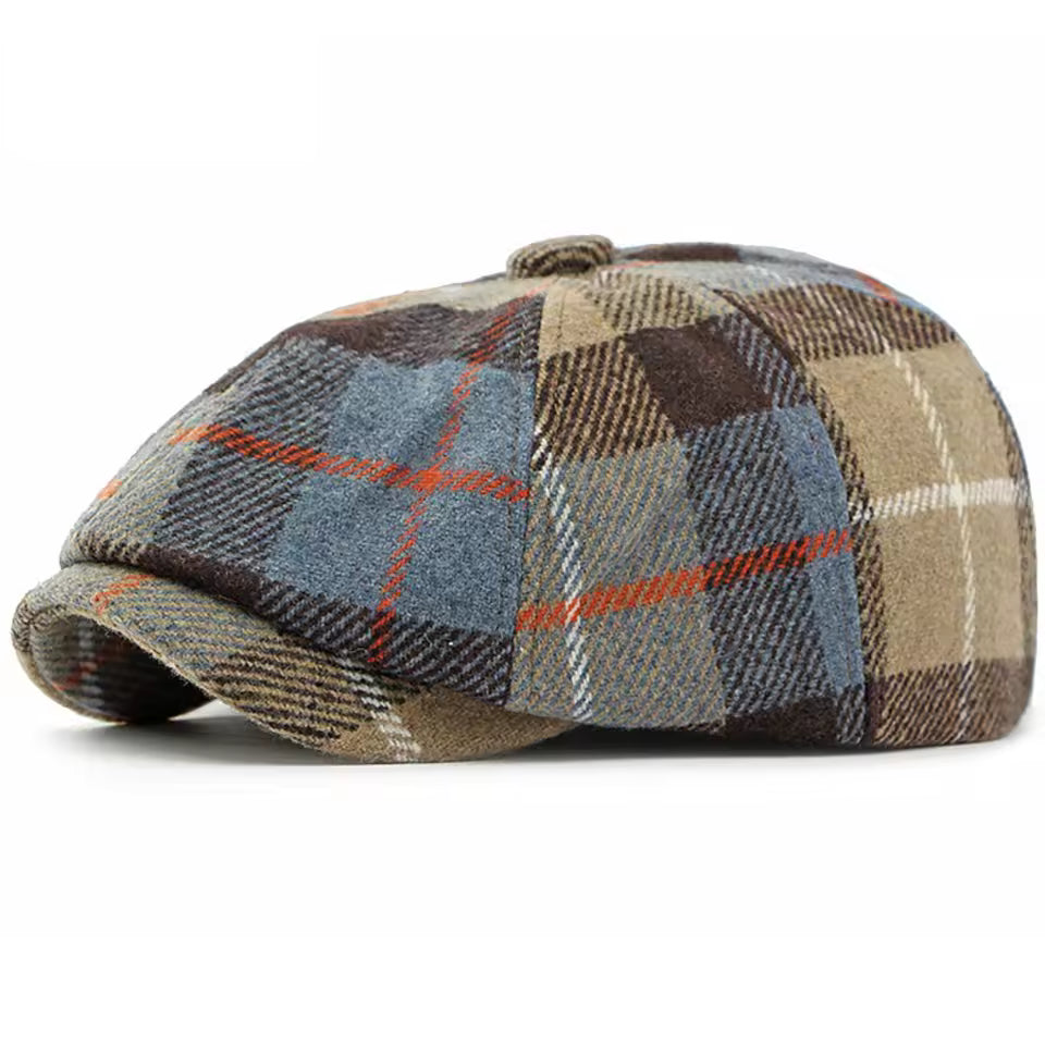 Casquette Plate à Carreaux en Laine Chaude