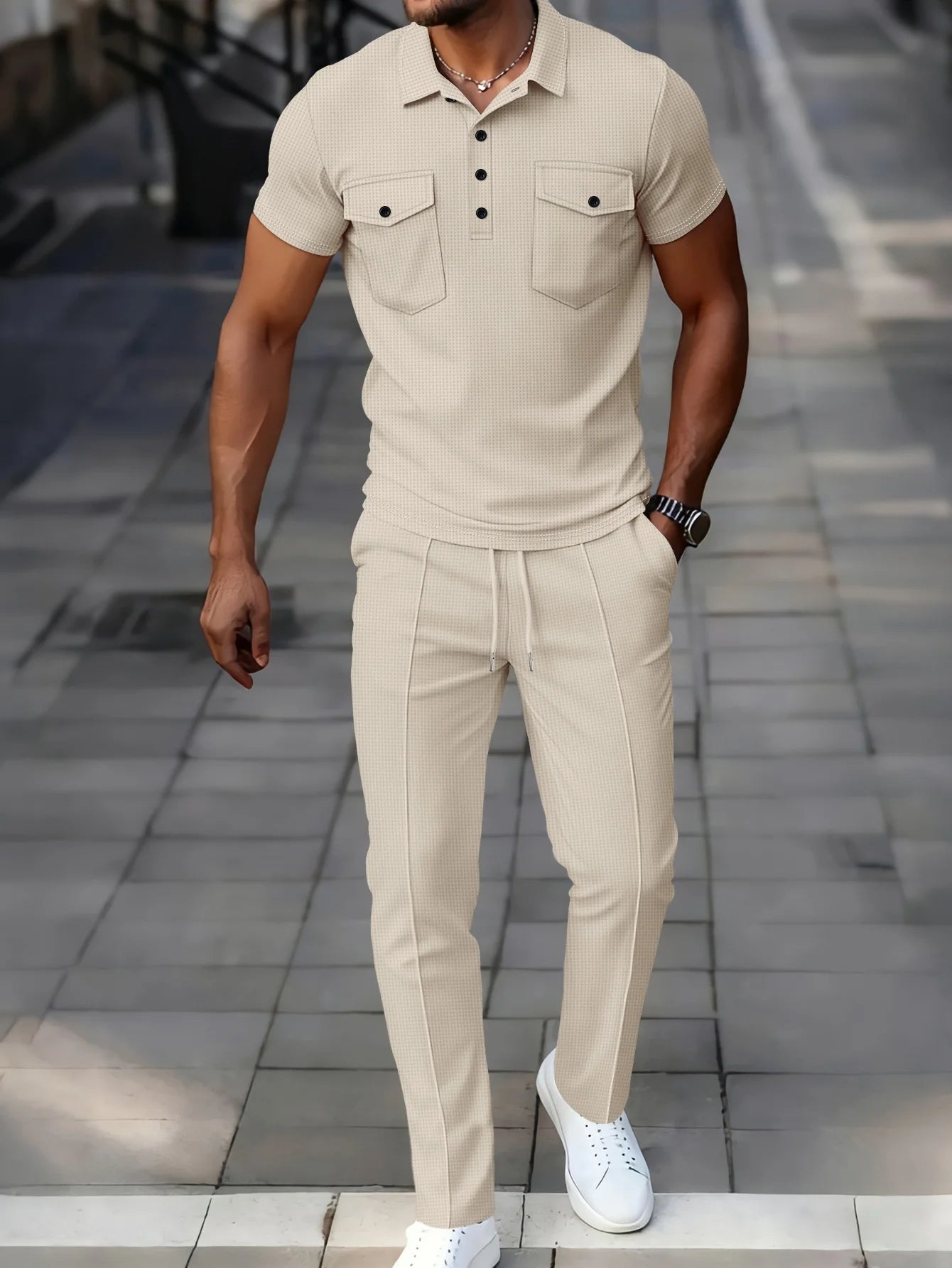 Laurent™ | Ensemble Polo Waffle Léger et Pantalon Assorti