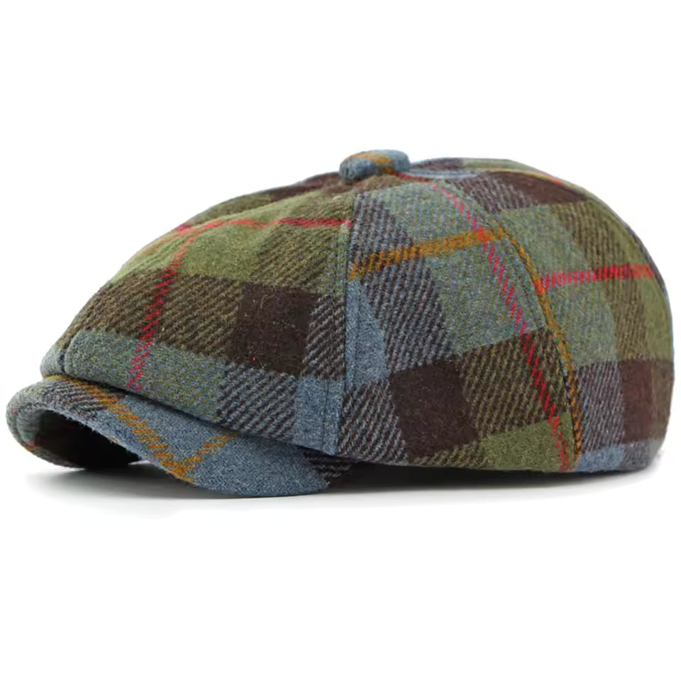 Casquette Plate à Carreaux en Laine Chaude