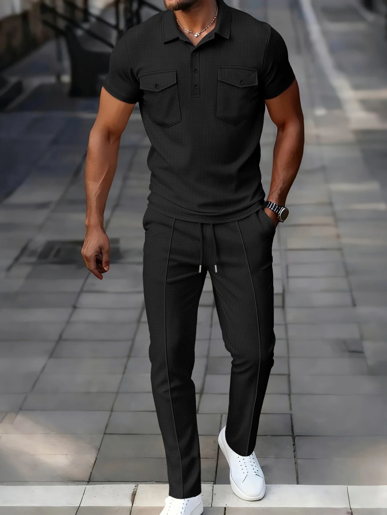 Laurent™ | Ensemble Polo Waffle Léger et Pantalon Assorti
